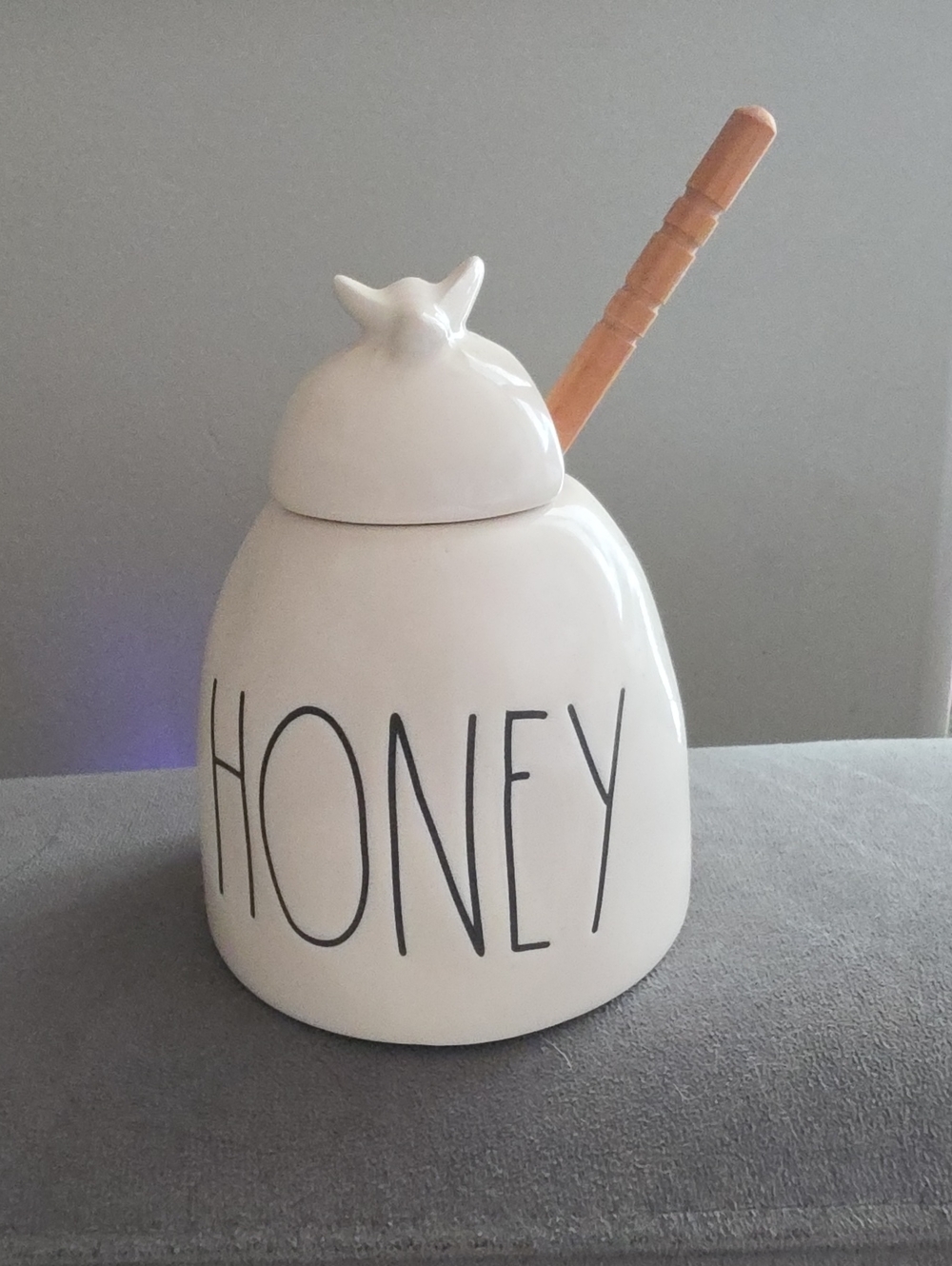 Rae Dunn White Honey Pot with Wooden Honey Dipper.